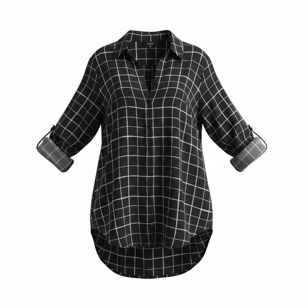 IZ BYER Women's Black White Grid Print Roll Tab Sleeve Button Down Blouse Size M